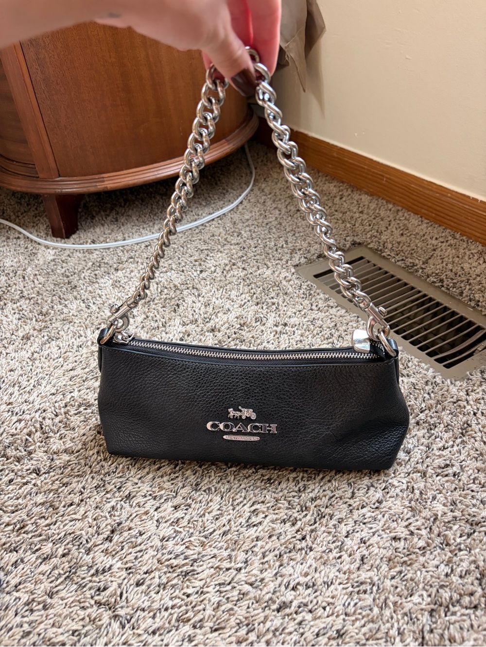 Coach Black Leather Shoulder Bag with Silver Chain